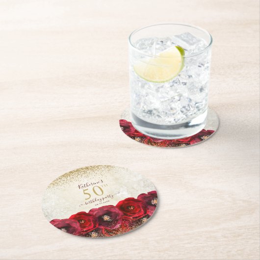Elegant Red Rose Floral Gold 50th Birthday Party Ronde Kartonnen Onderzetter (Insitu)