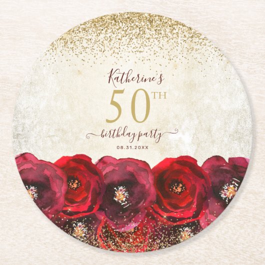 Elegant Red Rose Floral Gold 50th Birthday Party Ronde Kartonnen Onderzetter (Voorkant)