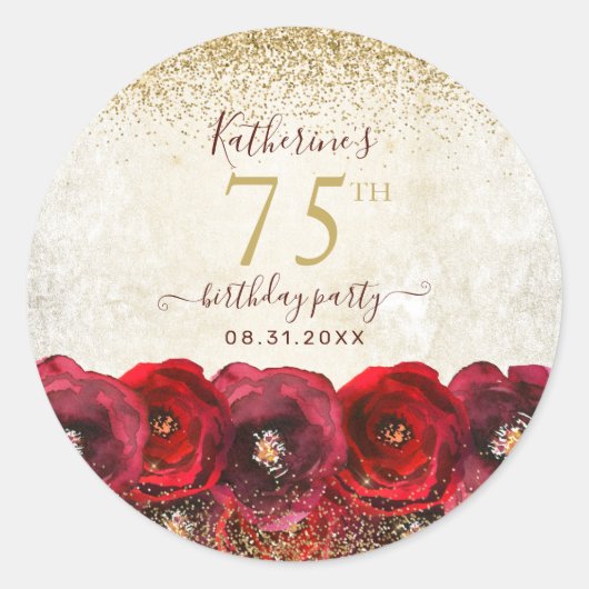 Elegant Red Rose Floral Gold 75th Birthday Party Ronde Sticker (Voorkant)