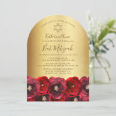 Elegant Red Rose Floral Gold Bat Mitzvah Kaart (Staand voorkant)