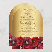 Elegant Red Rose Floral Gold Bat Mitzvah Kaart (Voorkant / Achterkant)