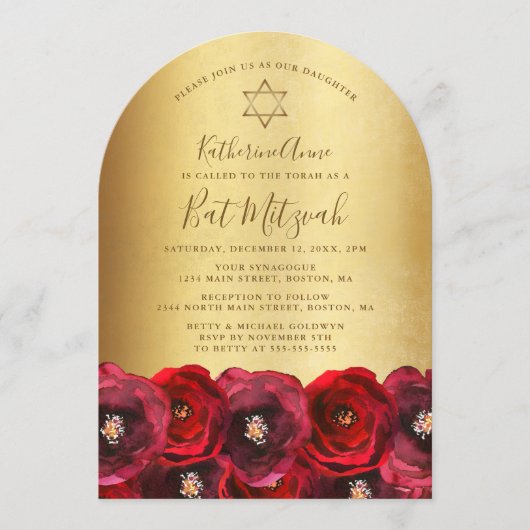Elegant Red Rose Floral Gold Bat Mitzvah Kaart (Voorkant)