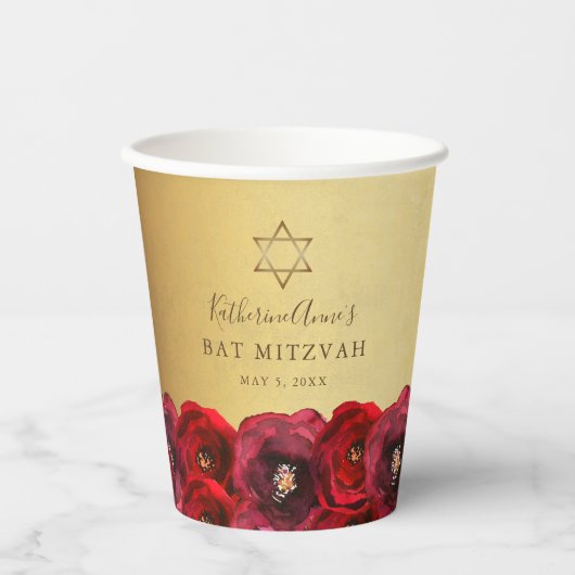 Elegant Red Rose Floral Gold Bat Mitzvah Papieren Bekers (Voorkant)