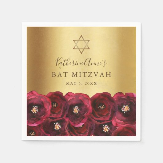 Elegant Red Rose Floral Gold Bat Mitzvah Servet (Voorkant)