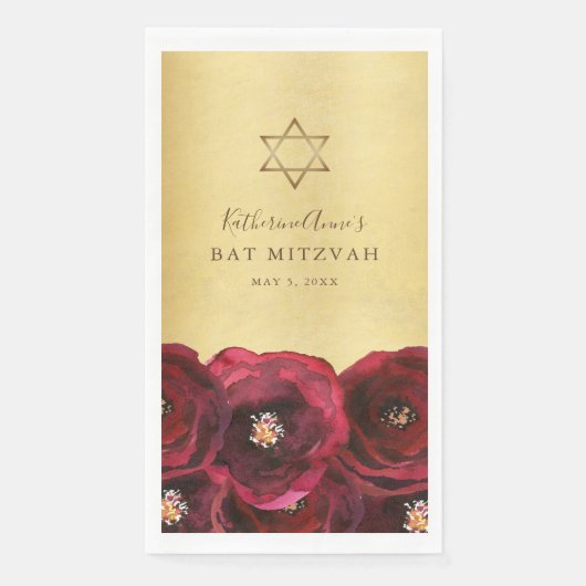 Elegant Red Rose Floral Gold Bat Mitzvah Servet (Voorkant)