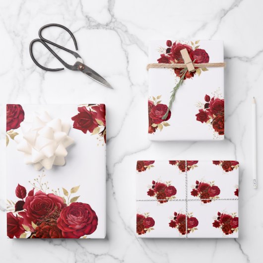 Elegant Red Rose Floral Gold Bouquet Inpakpapier Vel (Voorkant)