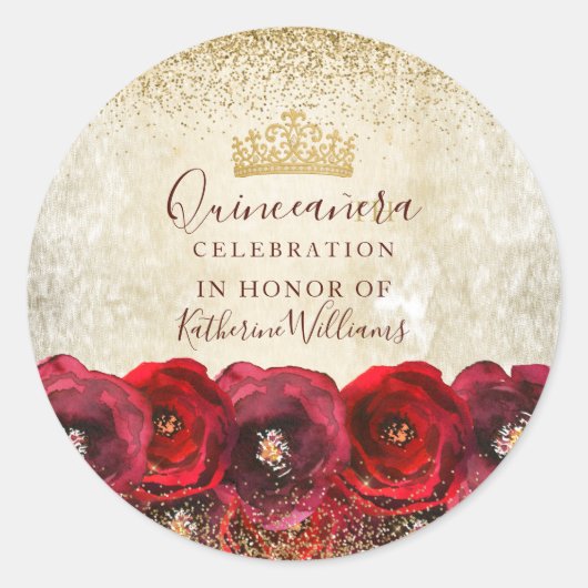 Elegant Red Rose Floral Gold Quinceañera  Ronde Sticker (Voorkant)