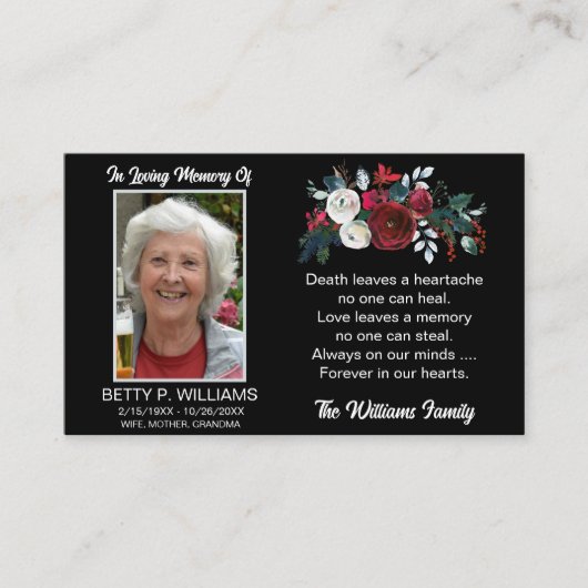 Elegant Red Rose Floral Memorial Prayer Card Visitekaartje (Voorkant)