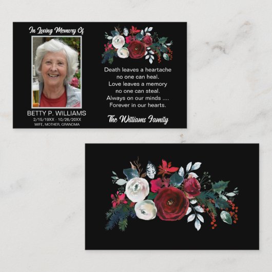 Elegant Red Rose Floral Memorial Prayer Card Visitekaartje (Voorkant / Achterkant)