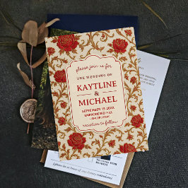 Elegant Red Rose Floral Vintage Gold Scrollwork Kaart