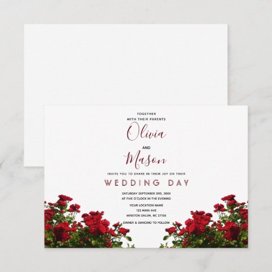 Elegant Red Rose Floral Wedding Invitation Kaart (Voorkant / Achterkant)