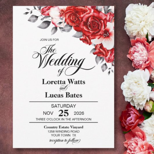 Elegant Red Rose Floral Wedding Kaart