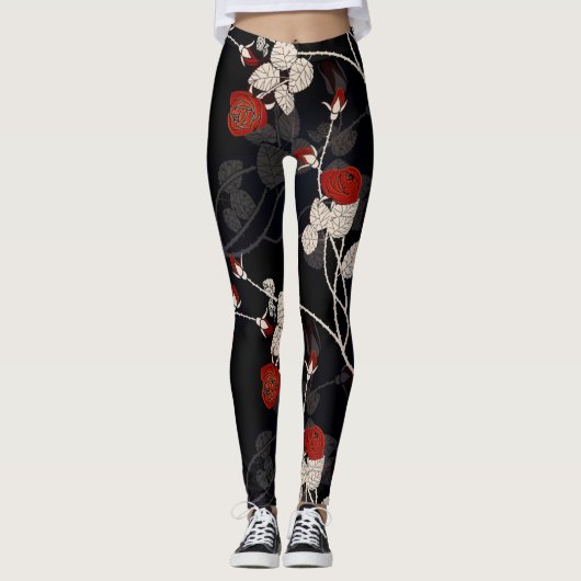 Elegant Red Rose Flower Black Leggings (Voorkant)