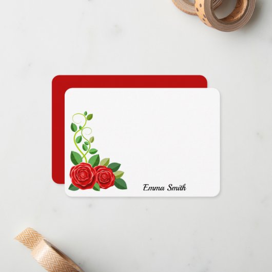 Elegant Red Rose Flower Notitiekaartje (Voorkant / Achterkant in situ)