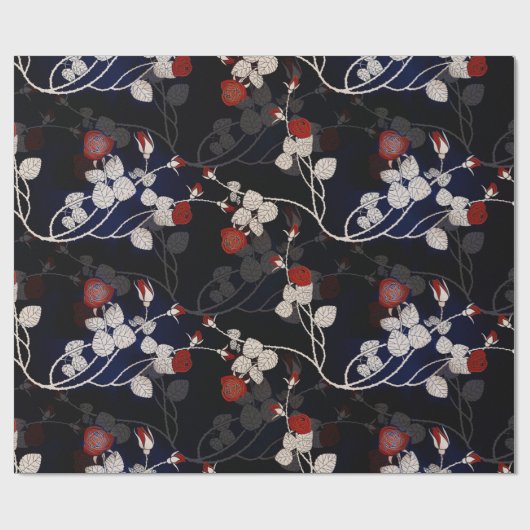 Elegant Red Rose Flower Pattern Black Cadeaupapier (Vlak)