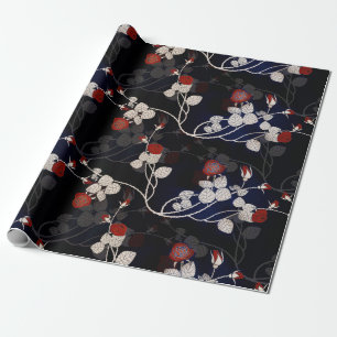 Elegant Red Rose Flower Pattern Black Cadeaupapier