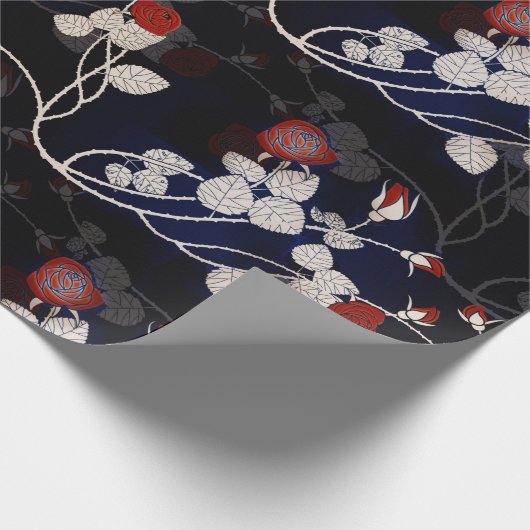 Elegant Red Rose Flower Pattern Black Cadeaupapier (Hoek)