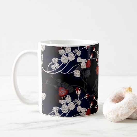 Elegant Red Rose Flower Pattern Black Koffiemok (Met donut)