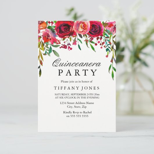 Elegant Red Rose Flower Quinceanera Party nodigt u Kaart (Staand voorkant)