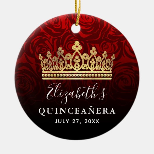 Elegant Red Rose Gold Crown Quinceanera Keramisch Ornament (Voorkant)