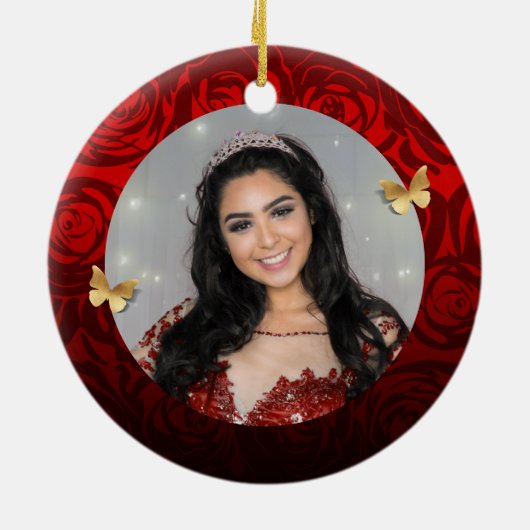 Elegant Red Rose Gold Crown Quinceanera Keramisch Ornament (Achterkant)