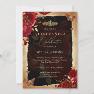 Elegant Red Rose Gold Quinceanera Kaart