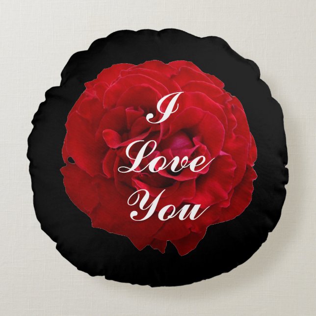 Elegant Red Rose I Love You Fotografisch Zwart Rond Kussen (Voorkant)