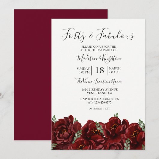 Elegant Red Rose Leaf Modern 50th Birthday Invite Kaart (Voorkant / Achterkant)