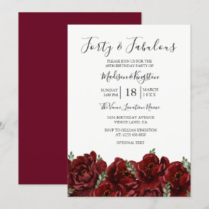 Elegant Red Rose Leaf Modern 50th Birthday Invite Kaart