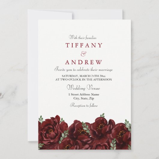 Elegant Red Rose Leaf Modern Wedding Invite Kaart (Voorkant)