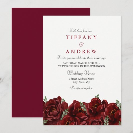 Elegant Red Rose Leaf Modern Wedding Invite Kaart (Voorkant / Achterkant)