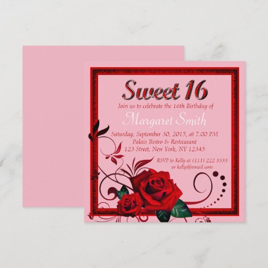 Elegant Red Rose, lief voor 16 jaar Uitnodiging (Voorkant / Achterkant)