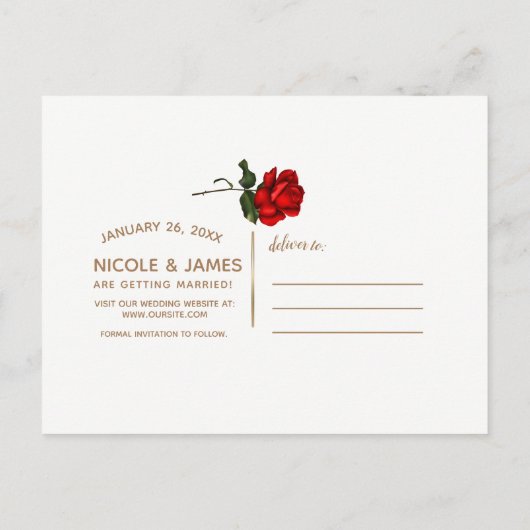 Elegant Red Rose Long Stem Wedding Save the Date Aankondigingskaart (Achterkant)