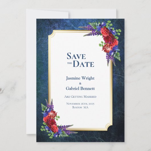 Elegant Red Rose met Gold Border Wedding Save The Date (Voorkant)
