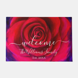 Elegant Red Rose Name Script Welcome Floral Deurmat