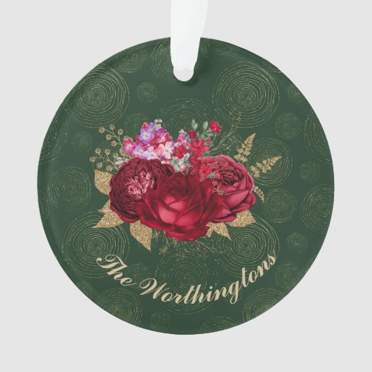 Elegant Red Rose over Green Velvet Kerstmis Ornament (voorkant)