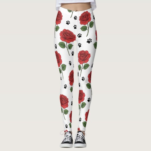 Elegant Red Rose & Playful Paw Print Leggings (Voorkant)