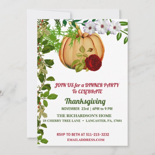 Elegant Red Rose Pumpkin Thanksgiving Dinner Kaart (Voorkant)