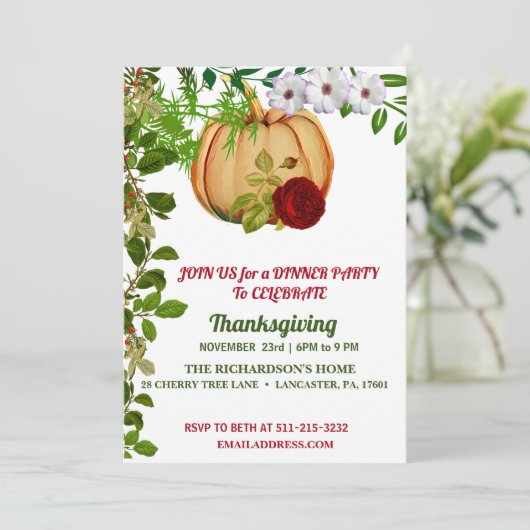 Elegant Red Rose Pumpkin Thanksgiving Dinner Kaart (Staand voorkant)