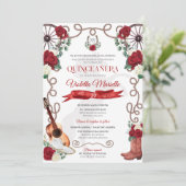 Elegant Red Rose Rustic Mariachi Charra Quinceanos Kaart (Staand voorkant)