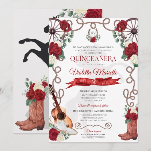 Elegant Red Rose Rustic Mariachi Charra Quinceanos Kaart (Voorkant / Achterkant)