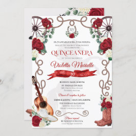 Elegant Red Rose Rustic Mariachi Charra Quinceanos Kaart