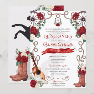 Elegant Red Rose Rustic Mariachi Charra Quinceanos Kaart