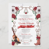 Elegant Red Rose Rustic Mariachi Charra Quinceanos Kaart (Voorkant)