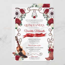 Elegant Red Rose Rustic Mariachi Charra Quinceanos Kaart