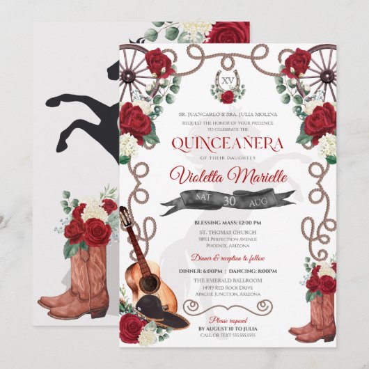 Elegant Red Rose Rustic Mariachi Charro Quinceanos Kaart (Voorkant / Achterkant)