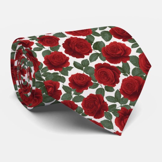 Elegant Red Rose Seamless Floral Pattern Stropdas (Opgerold)