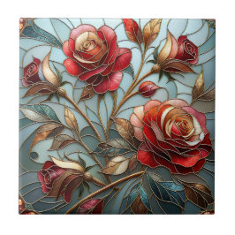 Elegant Red Rose Stained Glass Floral Gold Accent  Tegeltje