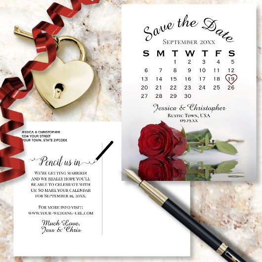 Elegant Red Rose Wedding Calendar Save the Date Aankondigingskaart