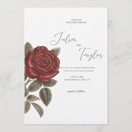 Elegant Red Rose Wedding Invitation Kaart (Voorkant)